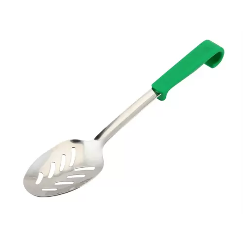 Genware Buffet Pro Serving Slotted Spoon Stainless Steel Green Plastic Handle
