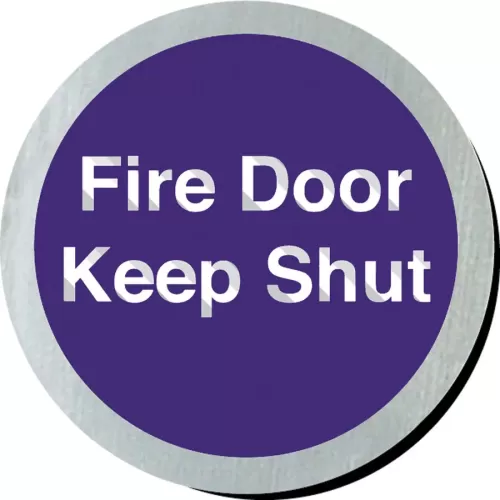 Mileta Safety Sign Rigid Silver Plastic - Fire Door Keep Shut 7.5cm Diameter