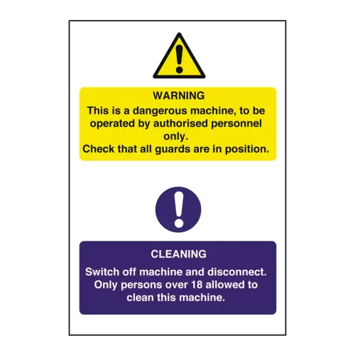 Mileta Warning Sign Self Adhesive Vinyl - Authorised Person, 18+ And Check Guards In Place 20 x 30cm